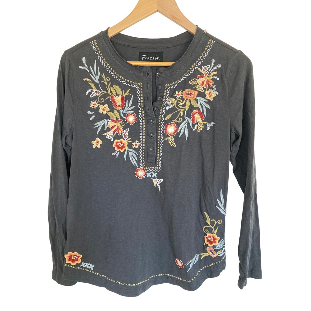 Frazzle Gray Cotton Floral Embroidered Henley Long Sleeve‎ Top Small